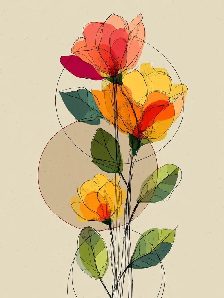 A stylized floral illustration features three translucent blossoms in warm hues of red, orange, and yellow.  The flowers are rendered with delicate linework and watercolor washes, creating a sense of ethereal lightness.  Green leaves with visible veins complement the blossoms.  Circular shapes in muted beige add a graphic element to the design, set against a textured off-white background. The overall style is modern and artistic.