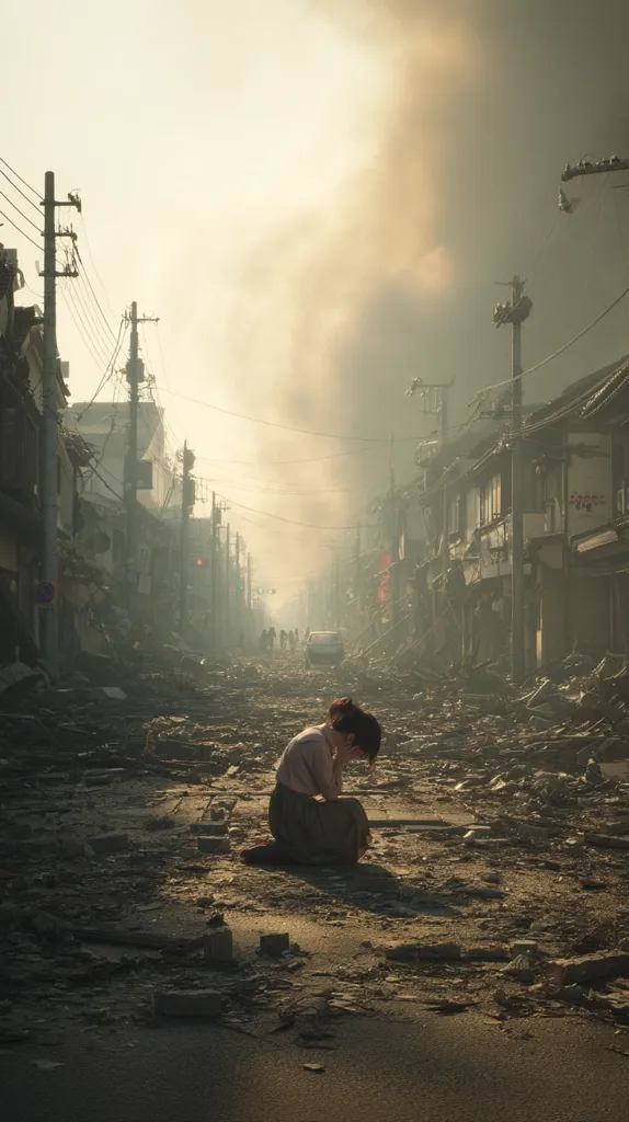 A lone woman sits on a rubble-strewn street, head bowed in grief.  The street, once lined with buildings, is now devastated, with broken structures and debris scattered everywhere. Smoke fills the air, creating a hazy, somber atmosphere. The scene evokes a sense of loss and the aftermath of a catastrophic event, perhaps a natural disaster or war.  A distant car is barely visible, adding to the desolate feeling.