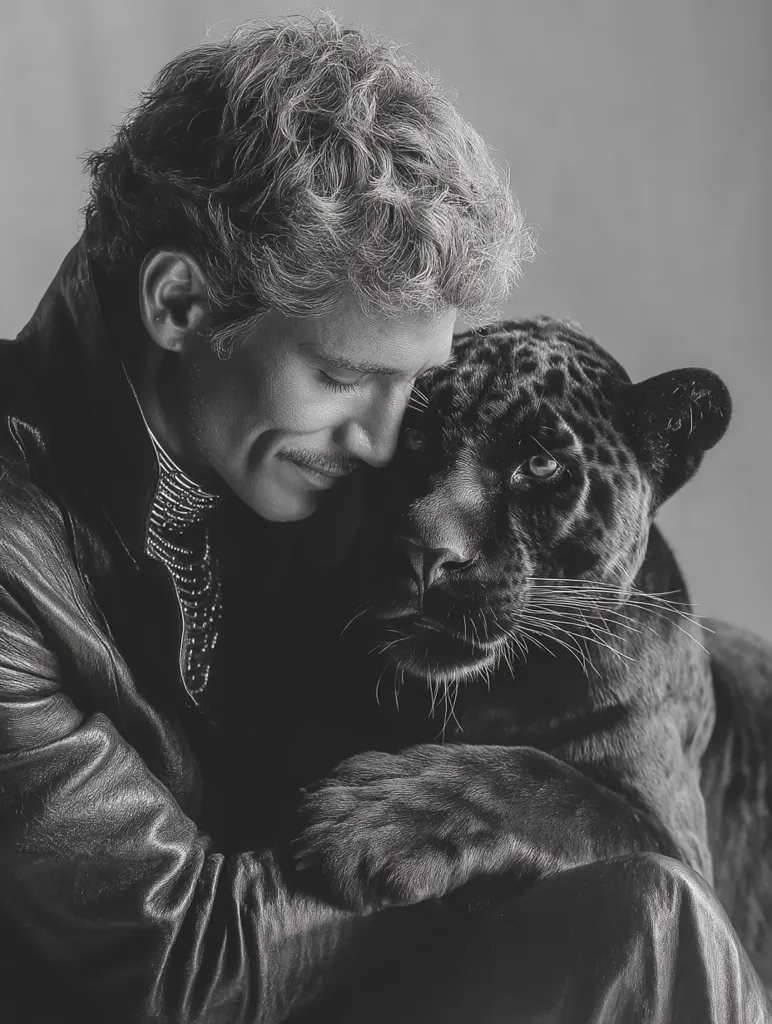 A black and white photograph captures a man with curly hair embracing a black jaguar.  The man, wearing a leather jacket and ornate collar, rests his head against the jaguar's, their faces close.  The image conveys a sense of intimacy and connection between the man and the large cat, set against a neutral background. The mood is serene and contemplative.