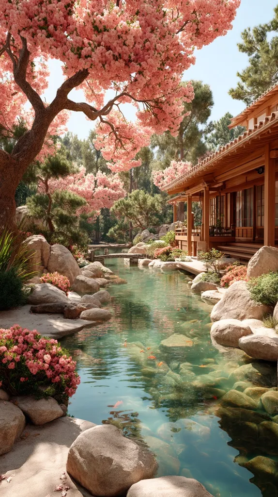 A serene Japanese-style garden features a tranquil pond with koi fish, surrounded by large rocks and lush greenery.  Pink cherry blossoms in full bloom grace a large tree overhanging the water, creating a picturesque scene. A traditional wooden house sits peacefully beside the pond, completing the tranquil atmosphere. The garden exudes a sense of calm and natural beauty.