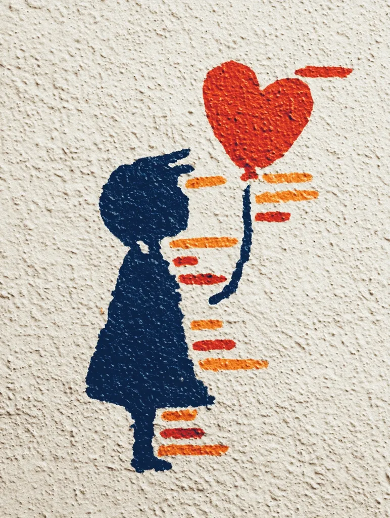 A stylized painting on a textured wall depicts a child-like figure in dark blue, seemingly holding a red heart-shaped balloon on a string.  Orange and red stripes create a ladder-like effect leading up to the balloon. The simple, bold lines and colors convey a sense of childhood innocence and hope.  The textured background adds depth to the artwork.