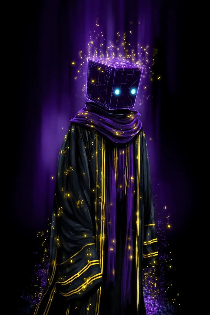 A digital painting depicts a mystical figure.  Its head is a glowing purple cube with faint circuitry and bright blue eyes, emanating golden particles.  The figure is cloaked in a dark robe with purple accents and gold trim, further adorned with floating golden lights. The overall aesthetic is dark fantasy, blending technology with mystical elements. The background is a deep purple, enhancing the ethereal quality of the subject.