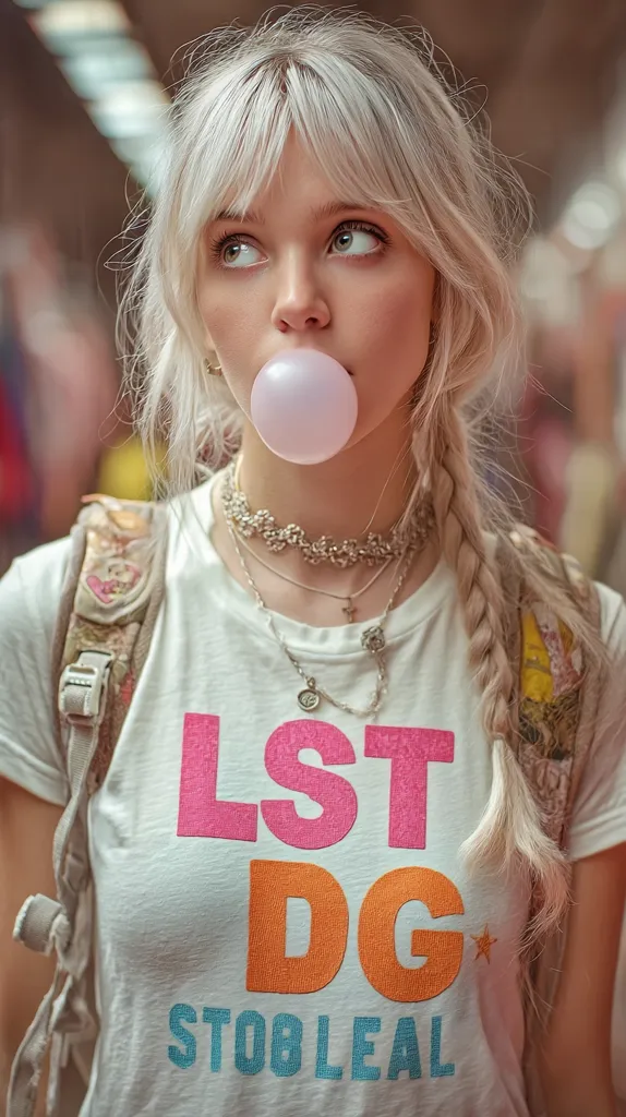 A young woman with platinum blonde hair styled in a side braid and bangs blows a bubble of pink bubblegum. She wears a white t-shirt with colorful lettering, layered necklaces, and a backpack.  Her expression is slightly pensive, and her gaze is directed away from the camera. The background is blurred, suggesting an urban setting.