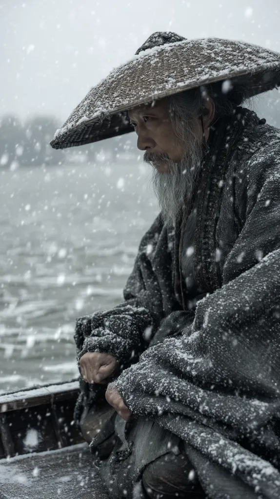 An elderly man with a long white beard sits in a small boat, shrouded in a thick, dark robe covered in snowflakes.  He wears a wide-brimmed straw hat, also dusted with snow.  His face is etched with lines of age and contemplation as he gazes out at a snow-covered, choppy waterway.  The scene is somber and atmospheric, evoking a sense of solitude and the passage of time.