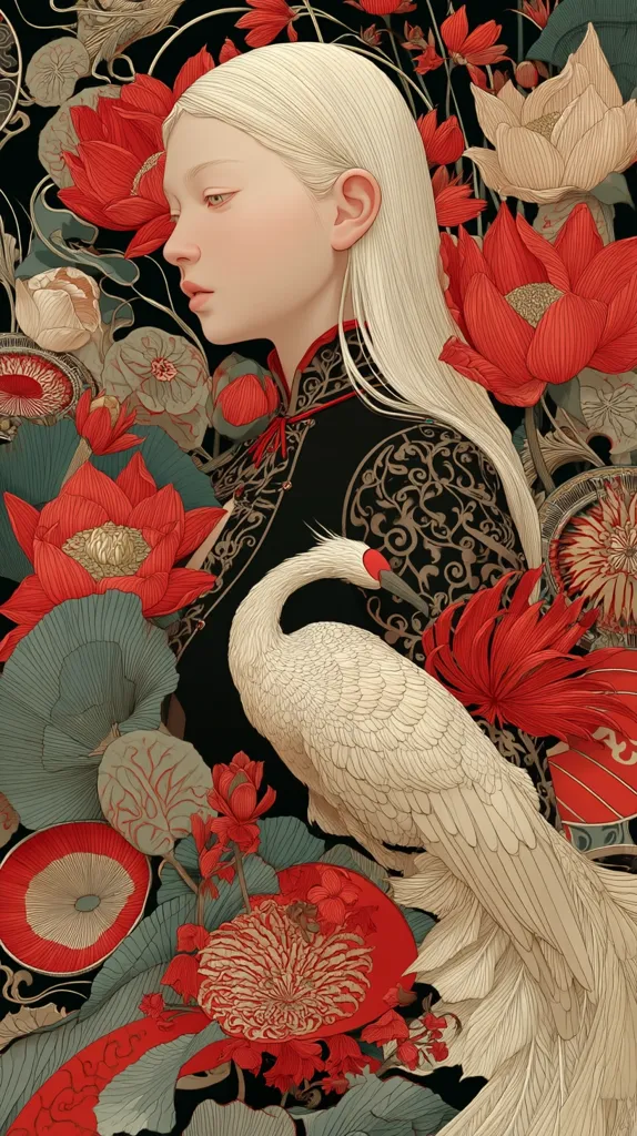 A pale woman with long blonde hair, dressed in a dark ornate robe, is depicted in profile. She is surrounded by a profusion of vibrant red lotuses, other flowers, and lush foliage. A white crane, detailed with fine lines, rests beside her, its elegant form echoing the refined beauty of the woman and the floral splendor. The artwork is detailed and rich in color and texture, suggesting a blend of Eastern art influences.