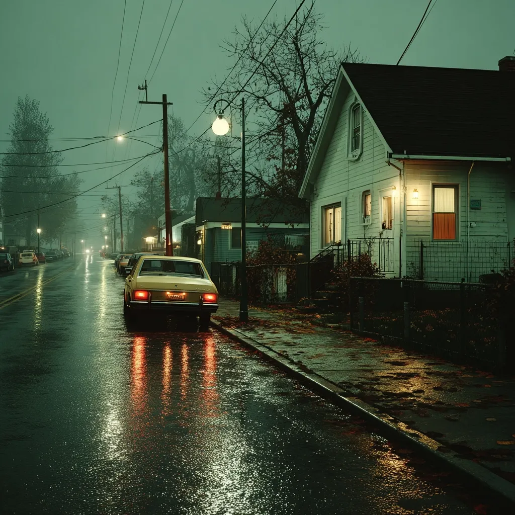 A rain-slicked street at night, dimly lit by streetlamps. A pale yellow car is parked on the curb, its taillights reflecting in the wet asphalt. Houses line the street, their windows glowing warmly.  Trees are bare, suggesting autumn or winter. The overall mood is quiet and atmospheric.