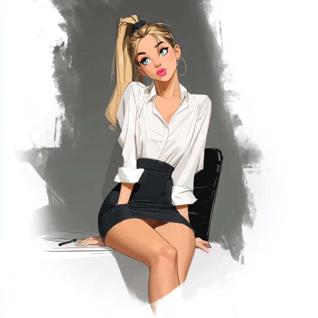 An illustration of a blonde woman with her hair in a ponytail, wearing a white blouse and a short black skirt. She's sitting at a desk, her legs slightly apart, and she appears thoughtful, gazing upwards. The art style is stylized, with smooth lines and a slightly exaggerated figure.  The background is a muted gray with painterly brushstrokes. A pen rests on the desk beside her.