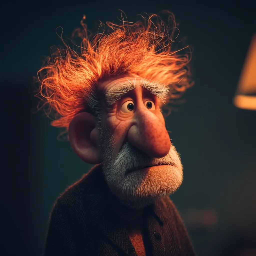 A digital rendering of an elderly man with wildly disheveled, bright orange hair.  His face is expressive, showing a pensive or worried expression.  He has a large nose, prominent ears, and a bushy white mustache and beard. The lighting highlights his features, creating a dramatic mood.  He's dressed in a dark, textured jacket, suggesting a feeling of age and perhaps loneliness.