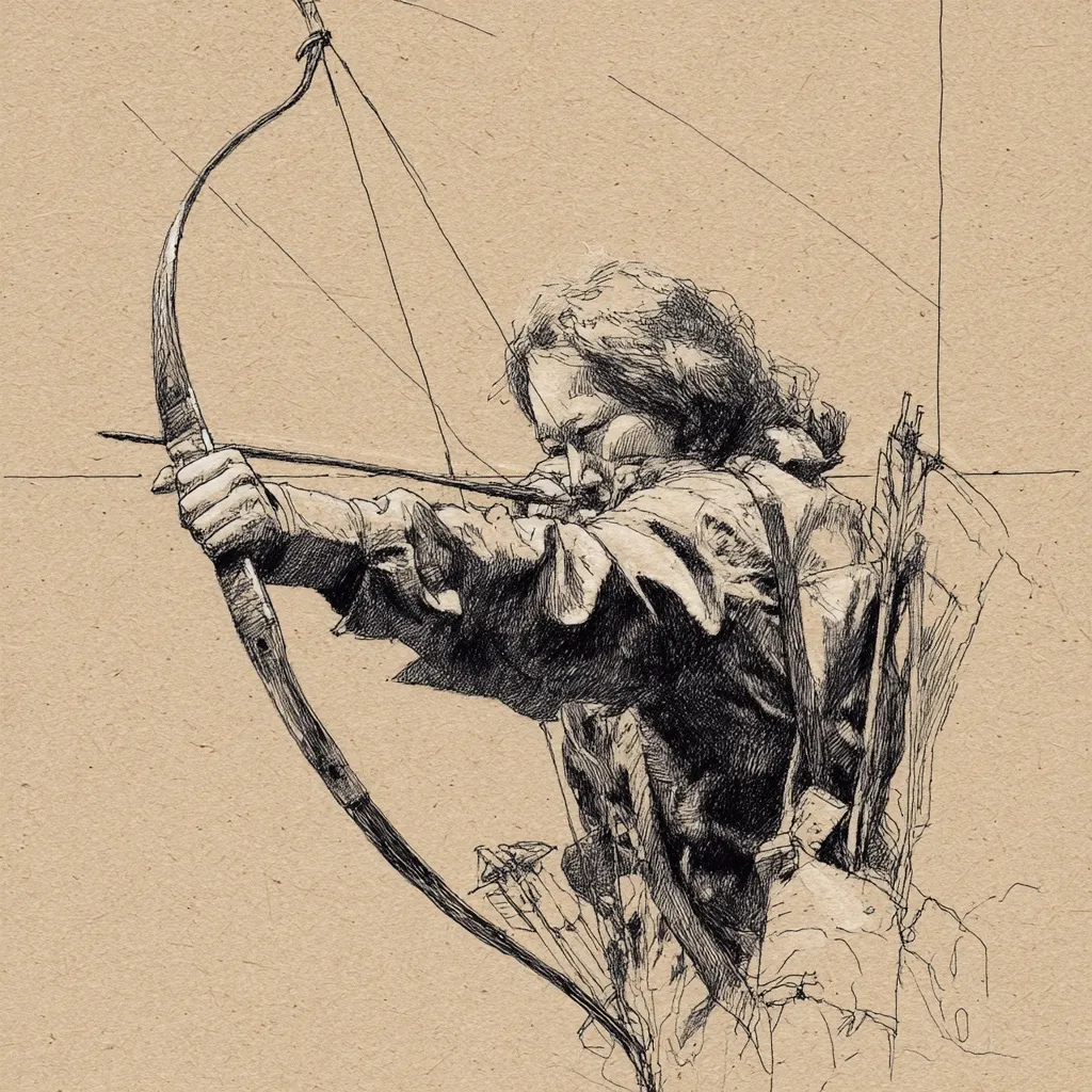 A pen-and-ink drawing depicts a person, possibly a medieval archer, drawing a longbow.  The archer's face is partially obscured, focused intently on the target.  A quiver of arrows is strapped to their back. The style is expressive and dynamic, capturing the action of archery with loose, gestural lines. The background is a textured, light beige paper, complementing the stark black ink.