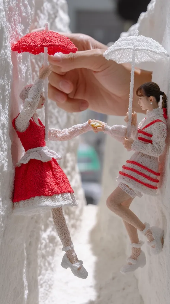 Two miniature figures, crafted from a textured material resembling foam, are depicted.  Each wears a dress and holds a miniature umbrella, one red and the other white.  They exchange a small object between them, seemingly in a playful interaction. A large hand gently interacts with the scene, emphasizing the miniature scale. The overall setting is a textured, white, possibly snow-like background.