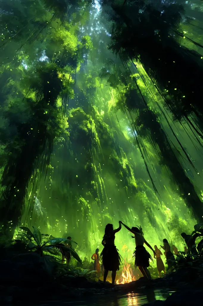 A breathtaking digital painting depicts a vibrant, glowing green forest at night.  Silhouetted figures, possibly indigenous people, dance around a small fire by a stream, their movements graceful against the ethereal backdrop.  Fireflies or similar luminous insects fill the air, adding to the magical atmosphere of the deep jungle.  The scene is both mystical and serene.