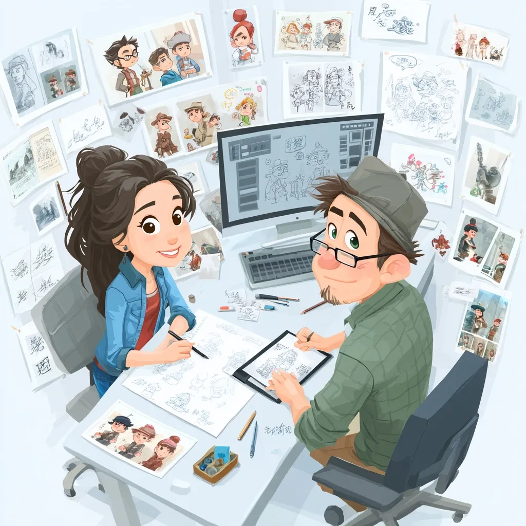 A cartoon illustration depicts a young man and woman collaborating on a creative project.  Surrounded by character sketches pinned to the walls, they sit at a desk littered with drawing tools and a computer. The woman sketches on paper, while the man uses a tablet.  Their expressive faces convey focus and creative energy within their vibrant, whimsical workspace.  The style is lighthearted and charming, suggestive of a cartoon or animation studio.
