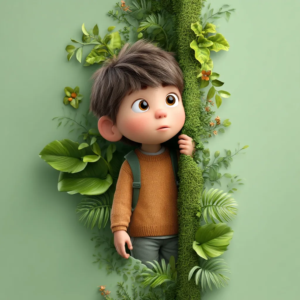 A 3D-rendered illustration of a cute, curious boy with brown hair, wearing an orange sweater and grey pants.  He's peering around a mossy, green tree trunk nestled amidst lush tropical foliage. The boy's expression is one of wonder and slight apprehension. The background is a soft, muted green. The overall image evokes a sense of childlike adventure and exploration within a natural setting.
