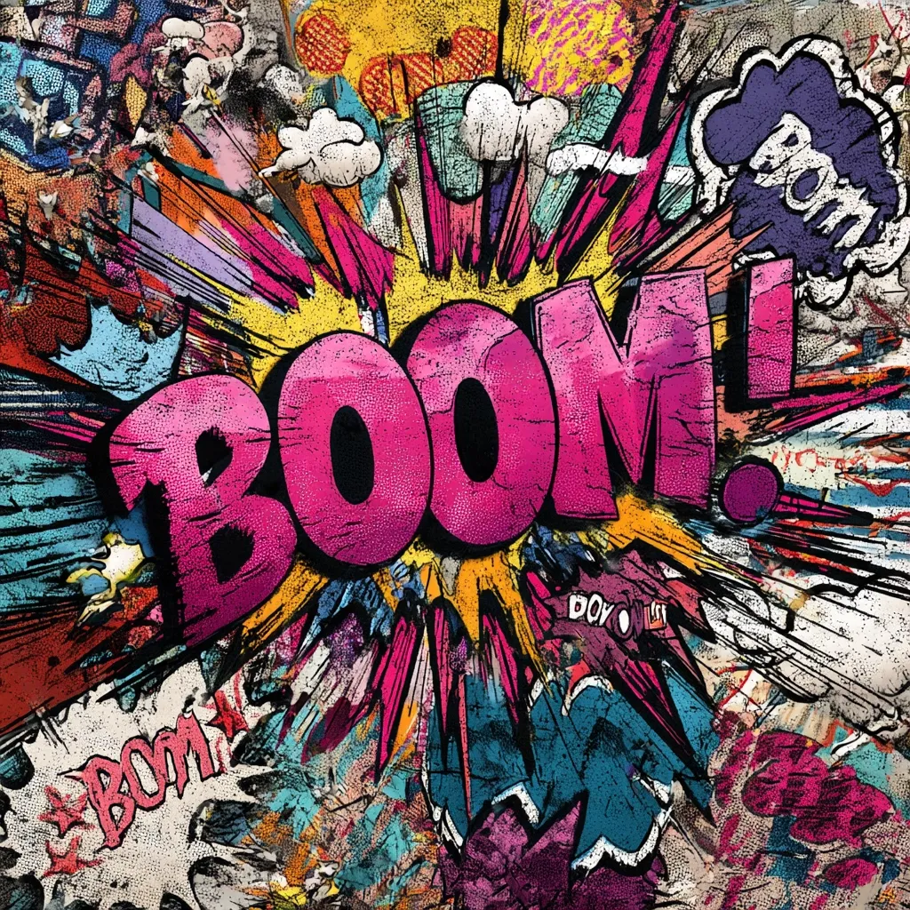 A vibrant, comic book-style explosion graphic dominates the image.  The central word, "BOOM!", is rendered in bold, pink lettering with a distressed texture, suggesting impact.  Surrounding it is a chaotic array of colorful shapes, lines, and smaller text elements, all characteristic of onomatopoeia and visual effects found in comic art.  The overall effect is one of energetic movement and powerful sound.