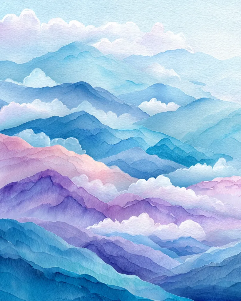 A watercolor painting depicts a dreamy, layered mountain range.  Soft blues, purples, and pinks blend seamlessly, creating a sense of depth and tranquility.  White clouds drift between the peaks, adding to the ethereal atmosphere. The style is impressionistic, focusing on color and texture rather than precise detail. The overall effect is calming and peaceful.