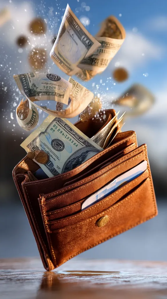 A brown leather wallet sits on a wooden surface with US dollar bills and coins flying around it, seemingly pouring out. The background is a blurry blue sky with some clouds.  The image conveys a sense of sudden wealth or perhaps unexpected financial loss, with the money dynamically escaping the wallet.