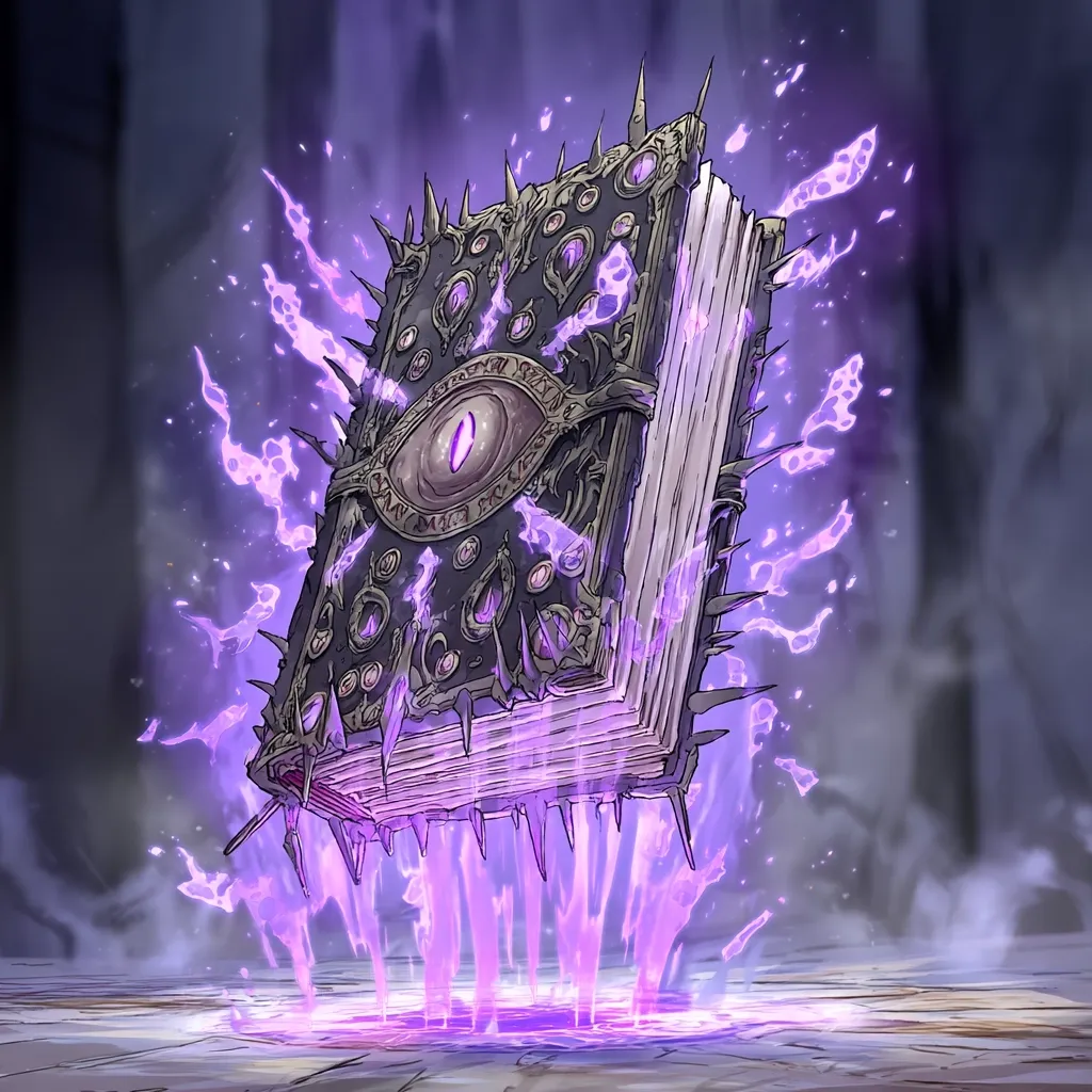 A dark, ornate book, bound in black with metallic accents and studded with sharp points, levitates above a shimmering purple surface.  Intricate carvings adorn its cover, featuring a central, glowing purple eye.  Violet energy surges from its edges, creating a dramatic, mystical effect. The book appears ancient and powerful, possibly imbued with magic.