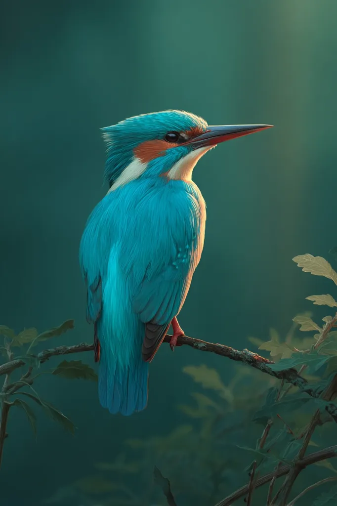 A vibrant blue kingfisher, perched on a slender branch, is captured in this stunning image.  The bird's plumage shimmers, its orange breast and sharp beak contrasting against the teal background.  The soft light highlights the intricate details of its feathers, creating a sense of tranquility and natural beauty.  The surrounding foliage is subtly blurred, drawing focus to the bird's exquisite color and form.