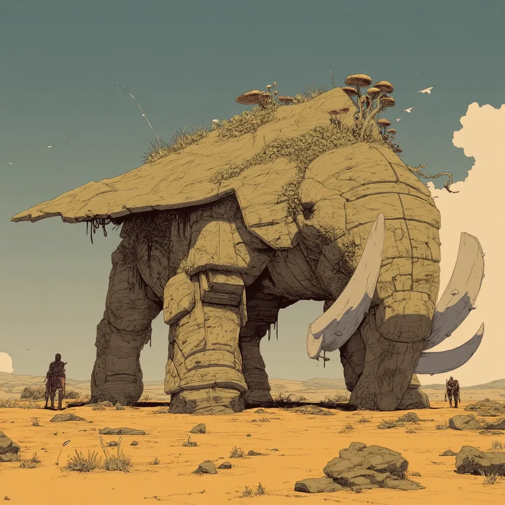 A colossal, stone elephant-like creature dominates a desolate, sandy landscape.  Its back is covered in vegetation and mushrooms, giving it an ancient, overgrown appearance.  Two lone figures, dwarfed by the massive structure, stand in the foreground, observing the colossal beast. The style is reminiscent of fantasy art or concept art, with a muted color palette and meticulous detail.