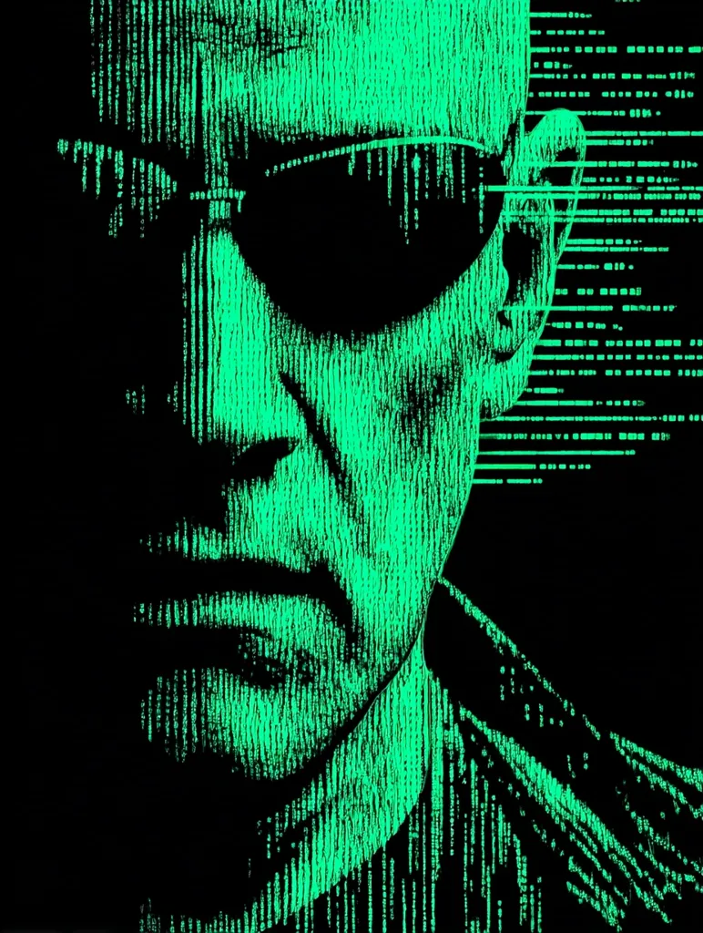 A stylized portrait of a man's face, rendered in bright green digital code.  He wears dark sunglasses, and his expression is serious and intense. The background features cascading lines of code, suggesting a connection to technology, hacking, or the digital world. The image evokes a sense of mystery and anonymity.