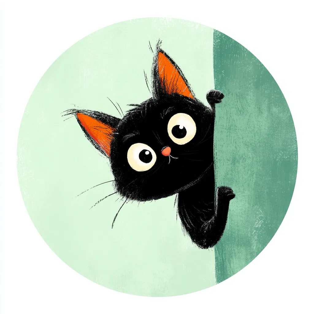 A charming illustration features a black kitten with large, expressive eyes and orange inner ears.  The kitten playfully peeks from behind a teal-green surface, its body partially hidden. The artwork is set against a pale green circular background, creating a whimsical and endearing scene. The style is cartoonish, with a soft, textured finish.