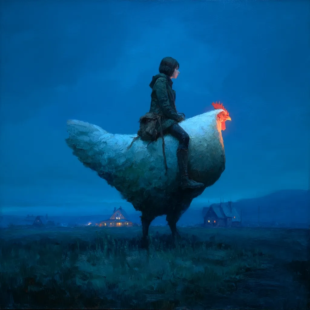 A young person sits astride a giant, stylized white chicken under a twilight blue sky.  The chicken's comb glows faintly.  In the distance, small houses are illuminated, creating a serene yet surreal landscape. The painting's style is evocative and dreamlike, with a muted color palette emphasizing the evening light. The overall mood is one of quiet contemplation and gentle mystery.
