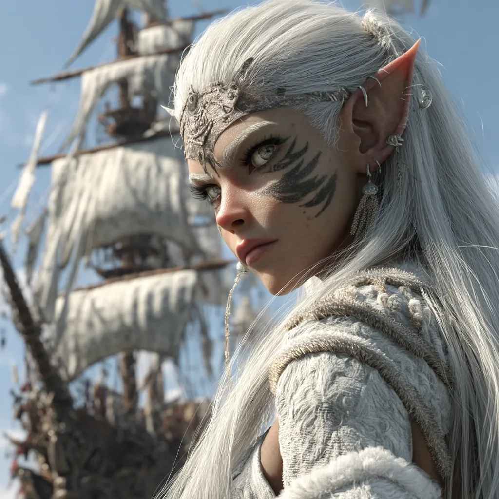 A striking digital rendering of a female elf, her long silver hair cascading down her shoulders.  She wears ornate white clothing and a silver headpiece, adorned with facial markings.  Her piercing gaze is directed away from the camera, towards a large, weathered sailing ship in the background, creating a sense of mystery and adventure.  The overall aesthetic is fantasy-inspired, with a focus on detail and realism.
