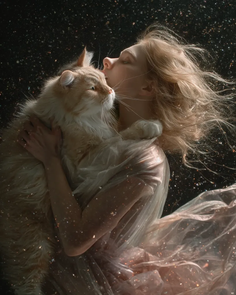 A young woman with flowing blonde hair, dressed in a sheer, glittery gown, embraces a fluffy ginger cat.  The scene is ethereal, set against a dark background speckled with glittering particles, creating a dreamlike, magical atmosphere. The woman gently kisses the cat's head, showcasing a tender bond between them.  The image is softly lit, emphasizing the delicate textures of the dress and the cat's fur.