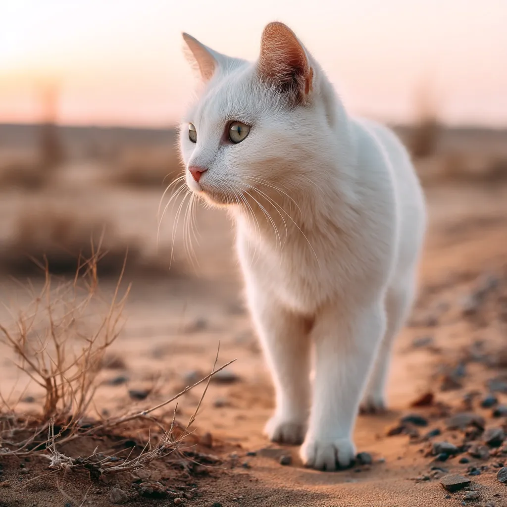 A white cat with striking green eyes stands on sandy ground, its gaze directed to the left.  The setting sun casts a warm glow on the scene.  Sparse, dry brush surrounds the cat, creating a desert-like ambiance. The cat's fur appears soft and clean, contrasting with the muted tones of the background. Its posture suggests alertness and curiosity.