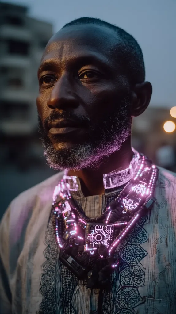 A close-up portrait of a dark-skinned man with a short, graying beard. He wears a light-colored, patterned shirt and a striking necklace featuring intricate dark circuitry illuminated with a soft pink glow.  The background is blurred, showing an urban setting at dusk.  The man's expression is pensive, his gaze directed away from the camera. The image has a futuristic, almost cyberpunk feel.