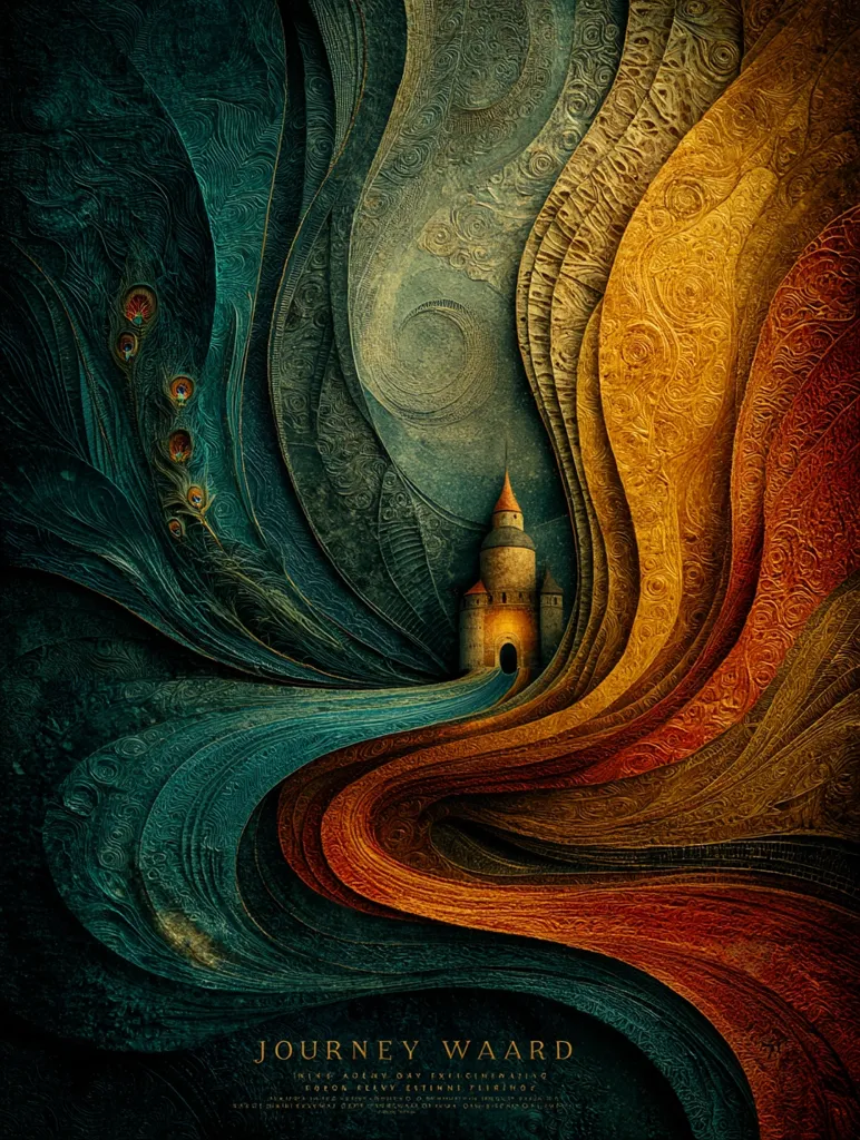 A stylized artwork titled "Journey Waard" depicts a fantastical landscape.  Swirling, textured waves of teal, gold, and burnt orange flow into each other, creating a sense of depth and movement.  A small, stone castle sits nestled within the curves, appearing as a destination within this dreamlike, almost otherworldly scene. The intricate detailing evokes a feeling of ancient maps or mythical tales.