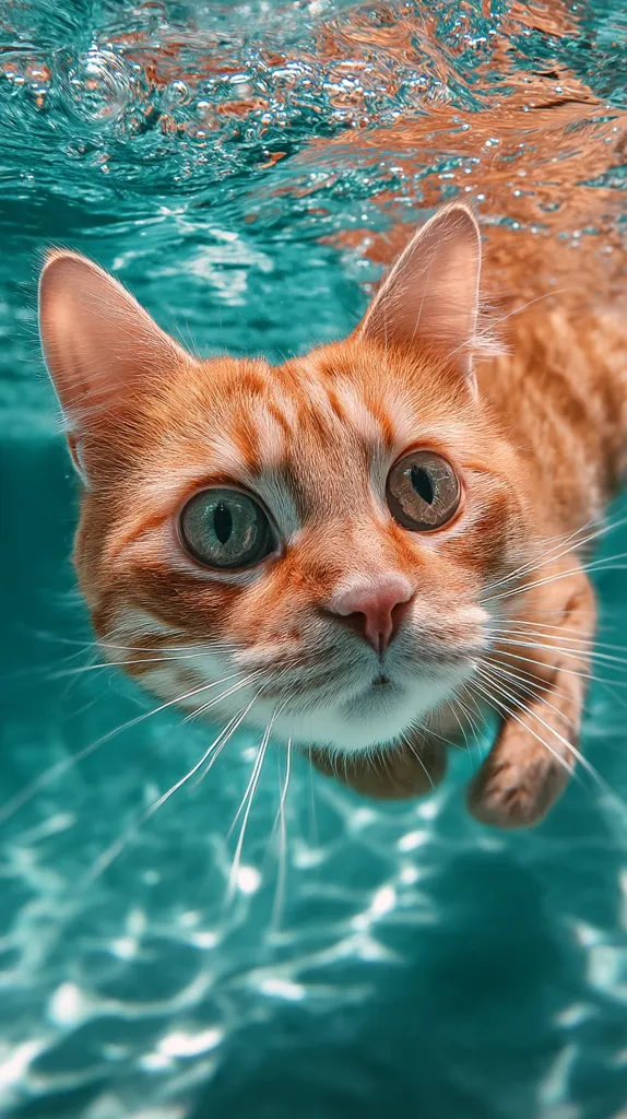 An orange tabby cat swims underwater, its face and paws visible.  The cat's eyes are wide open, gazing directly at the camera.  The water is teal, clear enough to see the cat's features, and ripples gently around it.  The overall image is a striking and unusual underwater portrait of a feline.