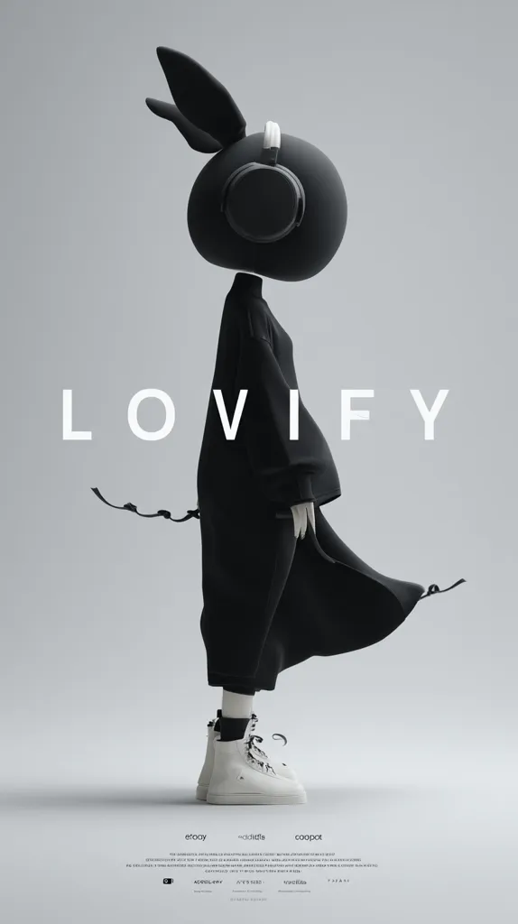A monochromatic poster showcases a stylized character, a black figure with bunny ears and oversized headphones, wearing a long black robe and white high-top sneakers.  The word "LOVIFY" is prominently displayed. The minimalist design suggests a fashion or music-related concept, with credits listed at the bottom. The overall aesthetic is sleek and modern.