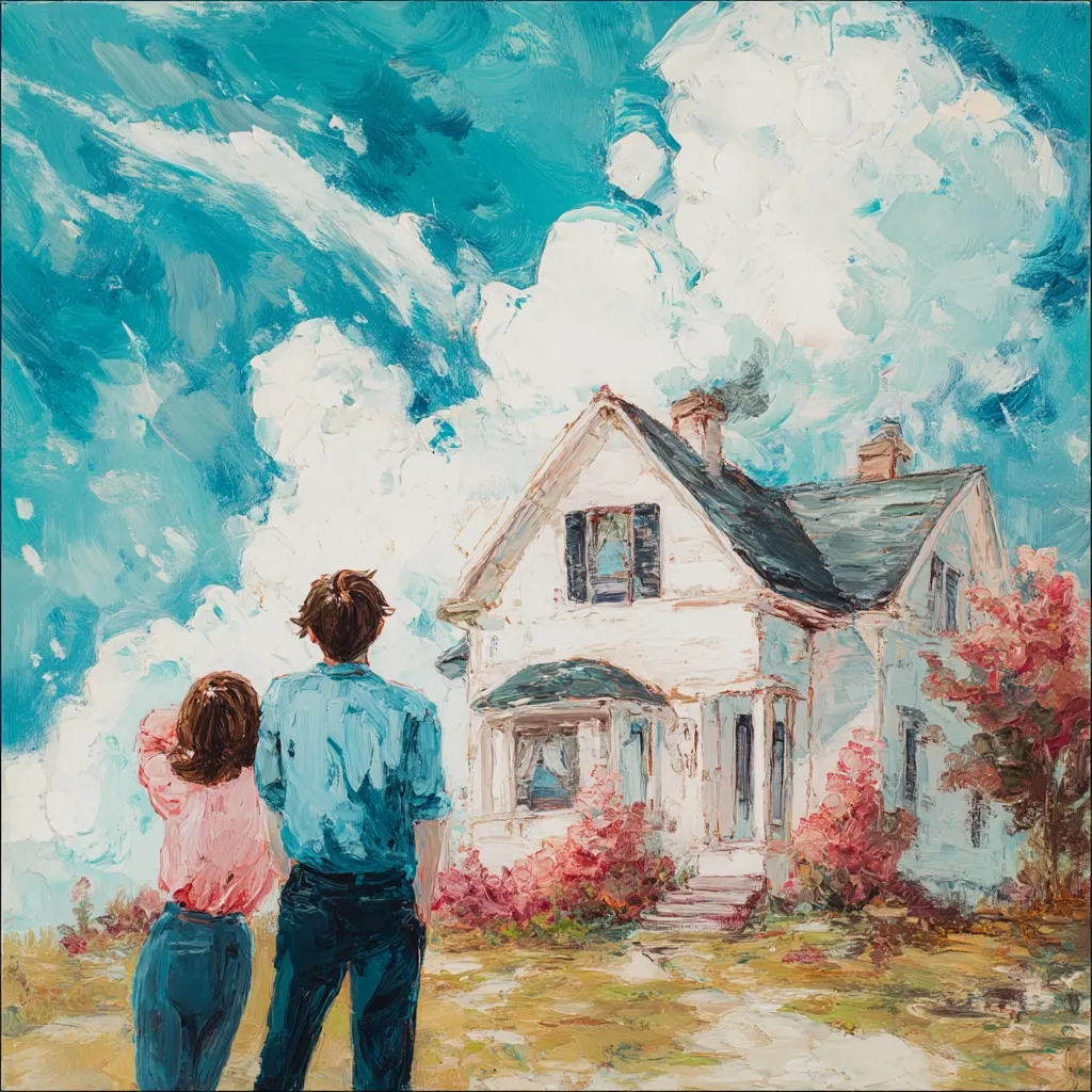 A painting depicts a couple standing before a white house under a vibrant, textured sky.  The couple, viewed from behind, appear to be admiring their new home.  The style is impressionistic, with thick paint strokes creating a sense of movement in both the sky and the flowering bushes surrounding the house.  The overall mood is one of hope and new beginnings.