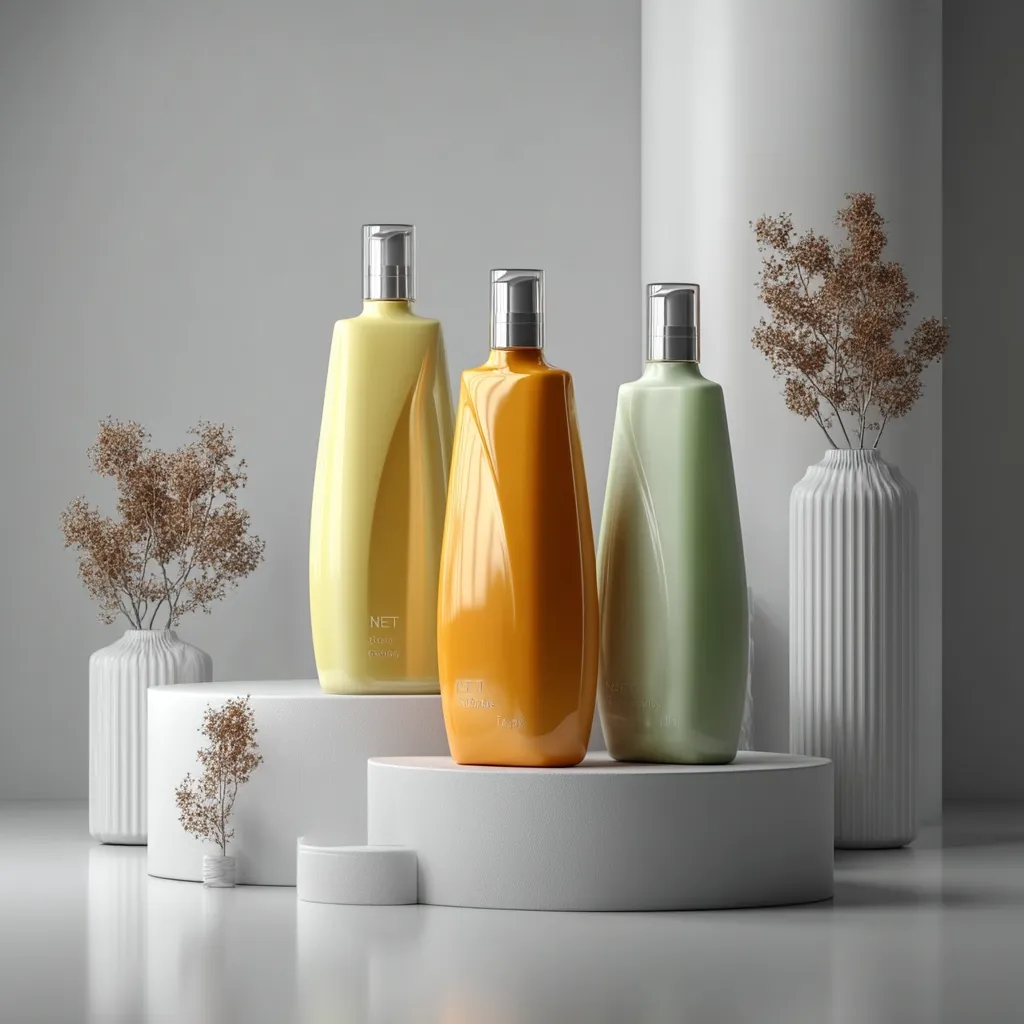 Three elegant lotion bottles in pastel yellow, orange, and green stand on minimalist white platforms.  Dried floral arrangements in white vases add a touch of natural beauty to the scene.  The bottles have sleek, curved designs and silver pump tops, creating a sophisticated and modern aesthetic. The overall presentation suggests a high-end beauty or personal care product.