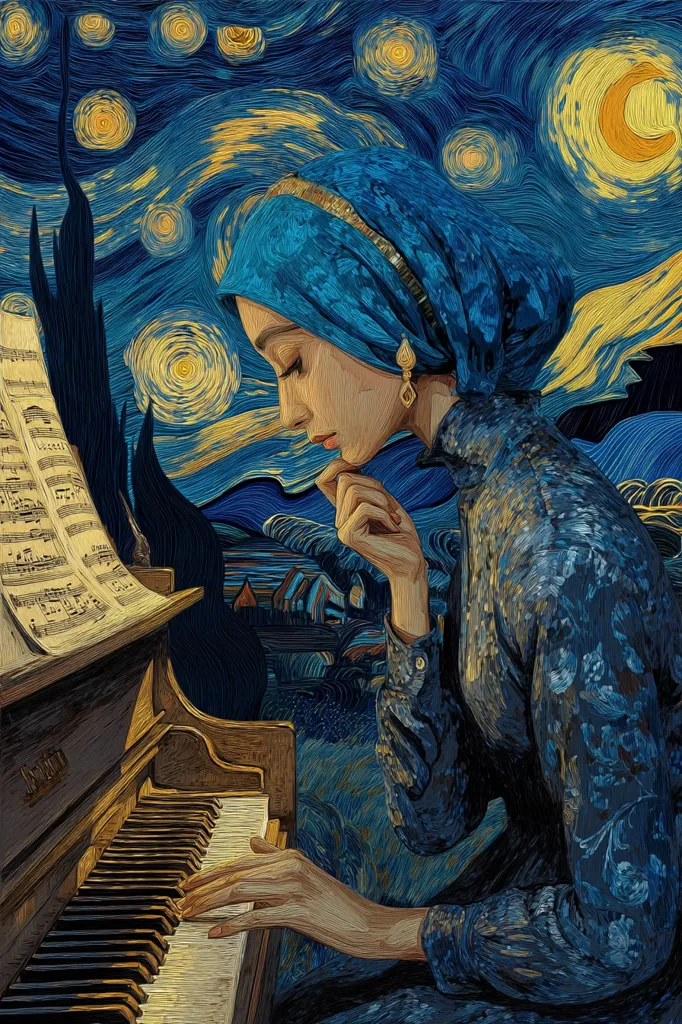 A woman, wearing a teal headscarf and dress, sits at a piano under a starry night sky, reminiscent of Van Gogh's style.  Sheet music rests on the piano's stand. Her hand gently rests on the keys, her expression thoughtful and serene. The impasto-like brushstrokes create a textured, dreamlike atmosphere. The scene evokes a sense of quiet contemplation and artistic inspiration.