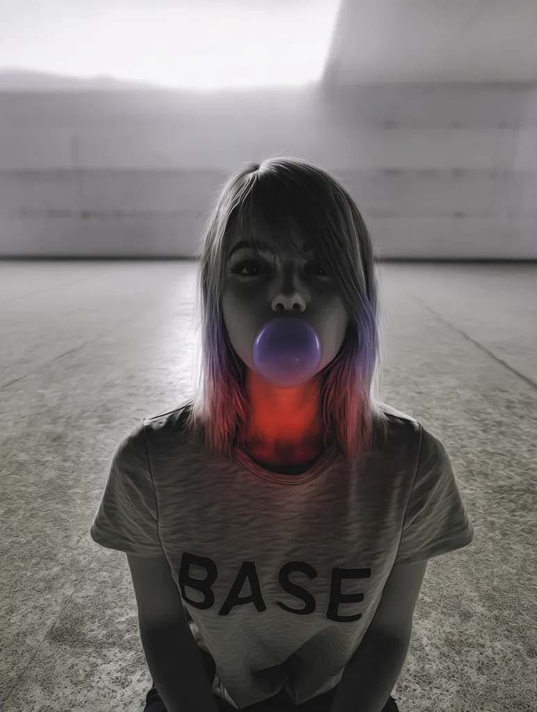 A young woman with pastel pink and purple hair sits on a gray floor, chewing a large bubble of gum.  The image is predominantly grayscale, with the bubblegum and a subtle glow around her neck rendered in color. She wears a gray t-shirt with the word "BASE" printed on it. The background is a simple, nondescript, empty space.