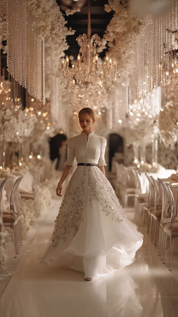 A bride walks down a lavish aisle adorned with crystal chandeliers and white floral arrangements.  She wears a stunning, embellished A-line gown with a short-sleeved tweed bodice and a flowing tulle skirt.  The overall aesthetic is elegant and luxurious, creating a dreamy wedding atmosphere.  Rows of clear acrylic chairs line the aisle, adding to the modern and sophisticated feel.