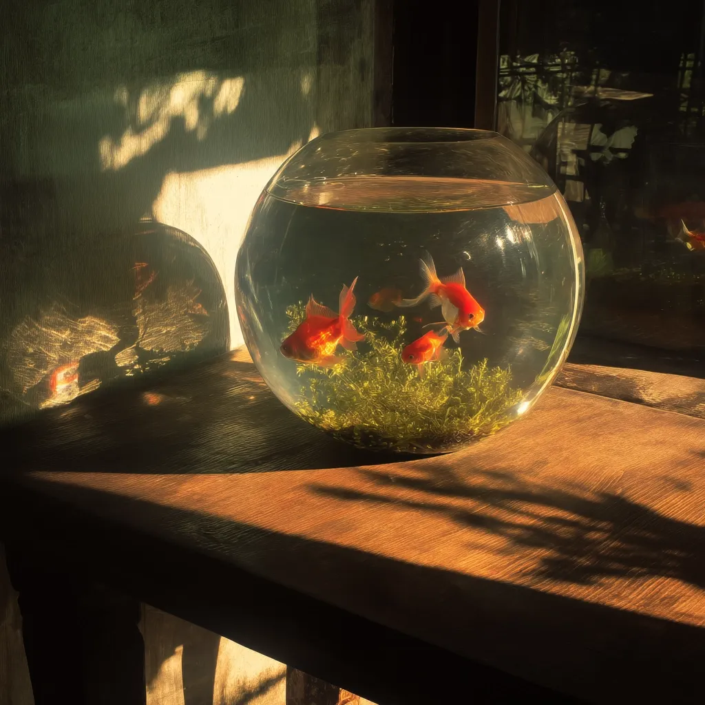 A round glass fishbowl sits on a wooden table, bathed in sunlight.  Three goldfish swim within, surrounded by green aquatic plants. The warm light casts shadows on the table and wall, creating a serene and peaceful atmosphere. The scene is simple yet evocative, capturing a moment of quiet beauty.
