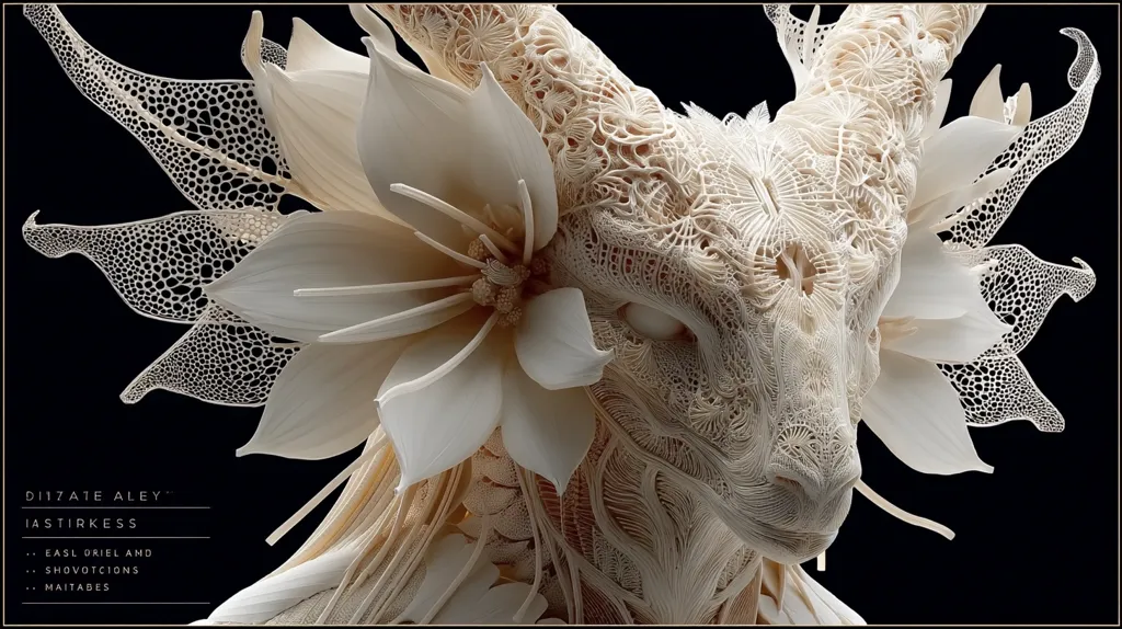 A close-up reveals a meticulously detailed 3D-rendered sculpture.  The piece depicts a creature, possibly a faun or dragon, with intricate, lace-like textures covering its face and horns.  A large, delicate flower adorns its head, mirroring the intricate patterns of the creature itself.  The overall color palette is a creamy off-white against a stark black background, enhancing the sculpture's delicate details.  The artwork showcases exceptional skill in digital sculpting and texturing.