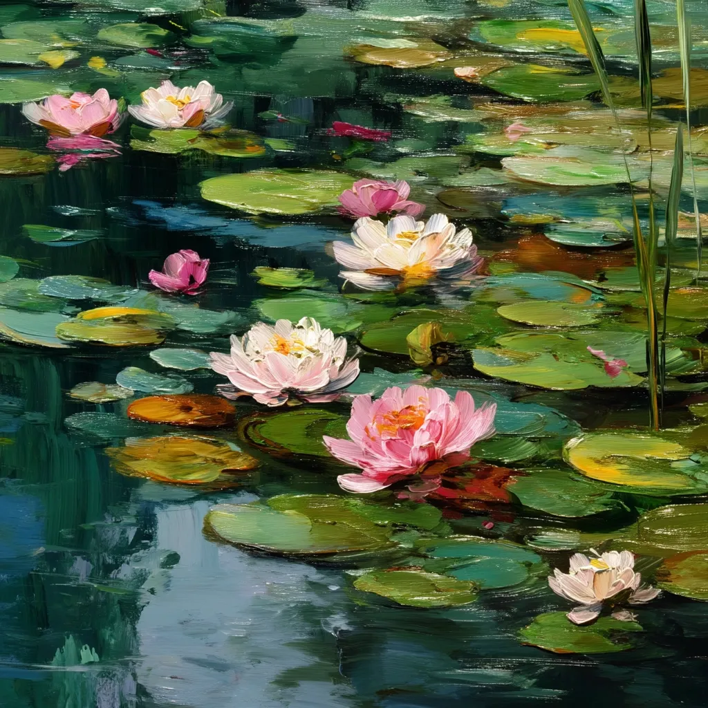A vibrant oil painting depicts a serene pond teeming with water lilies.  Pink and white blossoms float on large, green lily pads, their reflections shimmering in the dark water.  The lush greenery and soft light create a tranquil atmosphere, showcasing the artist's skillful use of color and texture.  A single tall reed stands near the right edge, adding depth to the scene.  The overall impression is one of peaceful natural beauty.