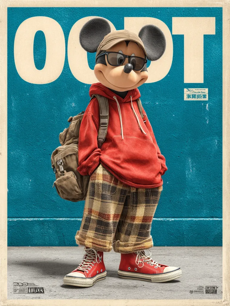 A stylish Mickey Mouse, donning a red hoodie, plaid pants, and red Converse sneakers, stands against a teal wall.  He carries a brown backpack and wears sunglasses and a cap.  The large letters "OOOT" are prominently displayed behind him, possibly referencing a film title.  The overall aesthetic is a blend of vintage and modern streetwear.