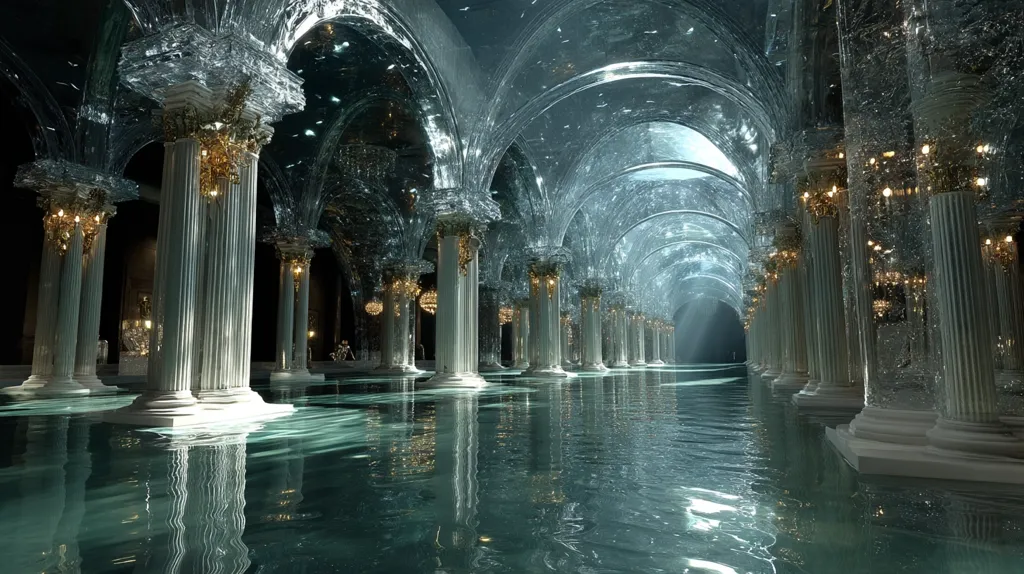 A breathtaking underwater palace unfolds, its classical columns rising from a teal pool.  The ceiling, a mesmerizing expanse of sculpted glass, reflects light, creating an ethereal atmosphere.  Elegant chandeliers hang from the columns, their glow softly illuminating the submerged grandeur.  The scene evokes a sense of serene mystery and timeless beauty.