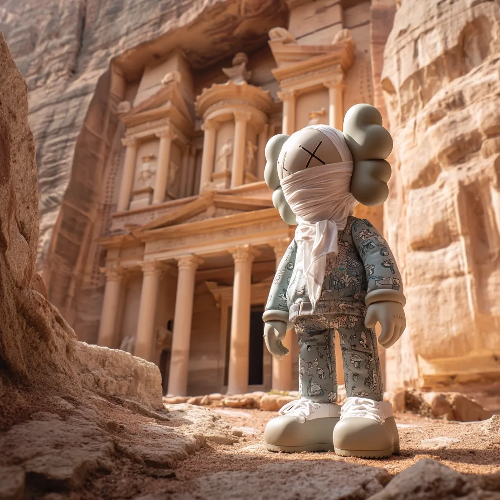 A large collectible KAWS figure stands before the Treasury, a monumental building carved into the sandstone cliffs of Petra, Jordan. The figure, dressed in a patterned outfit and a white scarf covering its face, contrasts the ancient architecture. The image showcases a juxtaposition of contemporary art and historical wonder, highlighting the scale and detail of the Petra site.  Sunlight illuminates the scene, casting shadows and accentuating the textures of both the figure and the ancient stone.
