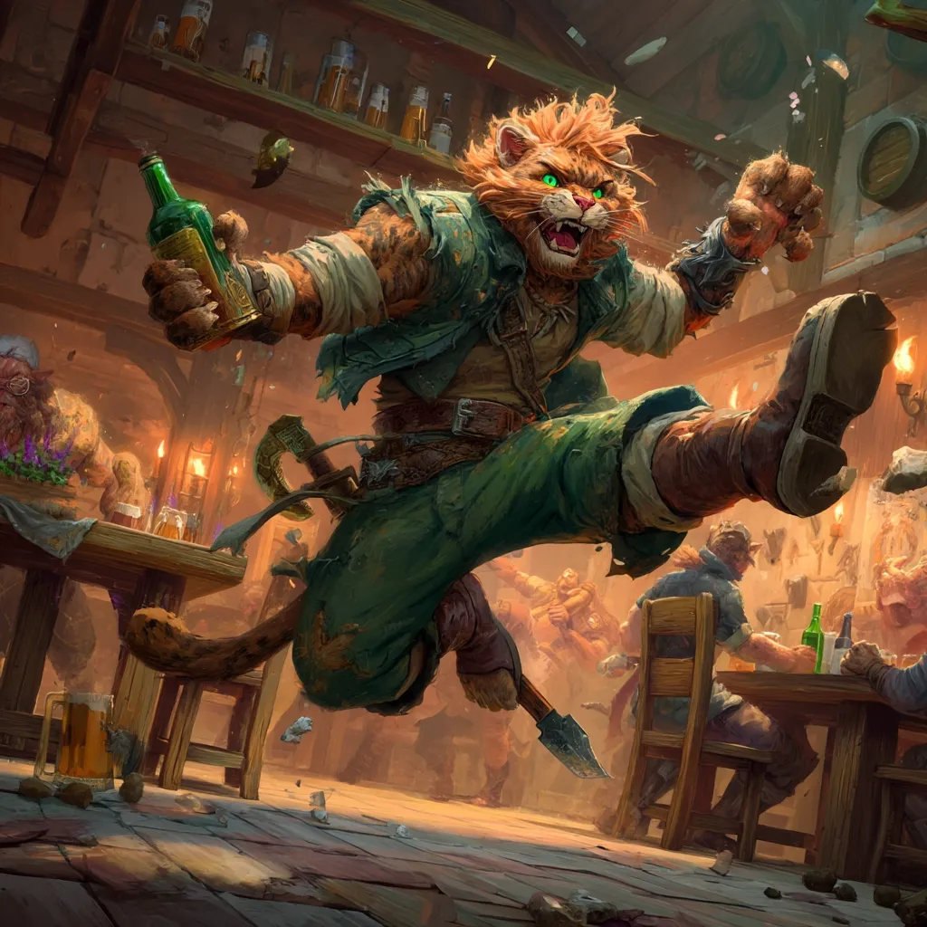 A fierce, anthropomorphic lion-like creature leaps through a bustling tavern, a bottle clutched in one hand.  He's clad in tattered green clothing and sturdy boots, his expression one of wild energy.  Patrons sit at tables, seemingly oblivious to his dynamic entrance. The tavern is dimly lit, with wooden beams and shelves displaying bottles. The overall atmosphere is lively and chaotic.