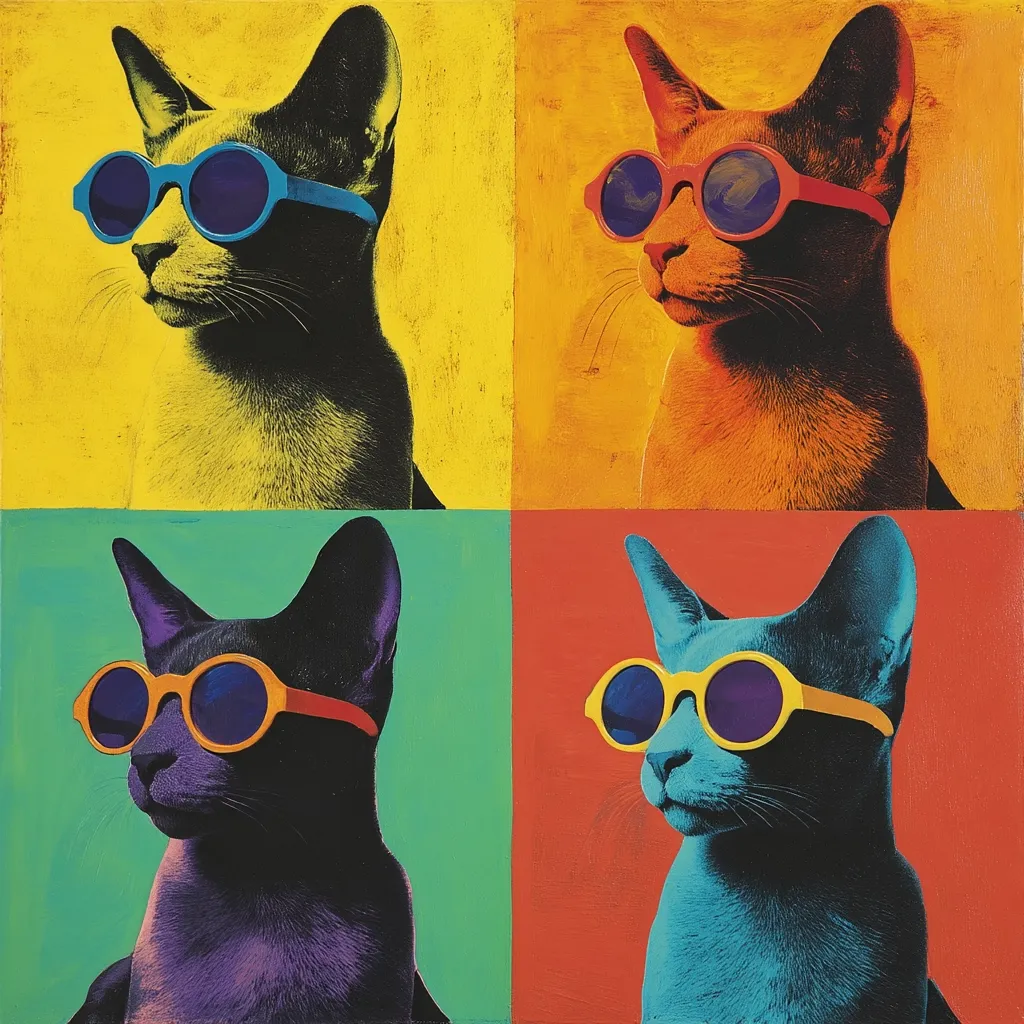 A Pop Art-style image features four stylized cats, each in a different vibrant color—yellow, orange, green, and red.  The cats, possibly Siamese, all wear round, colored sunglasses. The bold colors and repetitive composition evoke a sense of playful energy and modern artistic expression.