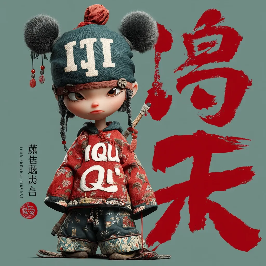 A 3D-rendered illustration depicts a stylized young girl, possibly a character from animation or a video game.  She wears a red, patterned jacket and pants, a unique hat with pom-poms, and carries a small staff.  Her expression is serious.  Large red Chinese characters are prominently displayed in the background, possibly representing the title or theme.  The overall aesthetic blends traditional Chinese clothing with a modern, almost streetwear-inspired touch.