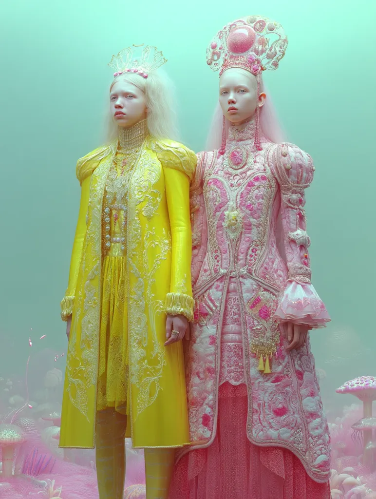 Two pale-skinned models stand against a pastel green backdrop, adorned in elaborate, fantastical costumes.  One wears a vibrant yellow coat heavily embroidered with gold detailing, while the other is dressed in a pink, intricately embellished gown and a large ornate headpiece.  Both outfits are richly textured and feature extensive beading and embroidery, creating a whimsical, almost fairytale-like aesthetic.  The scene is further enhanced by a soft, dreamy atmosphere with pink flora and mushroom-like elements in the background.