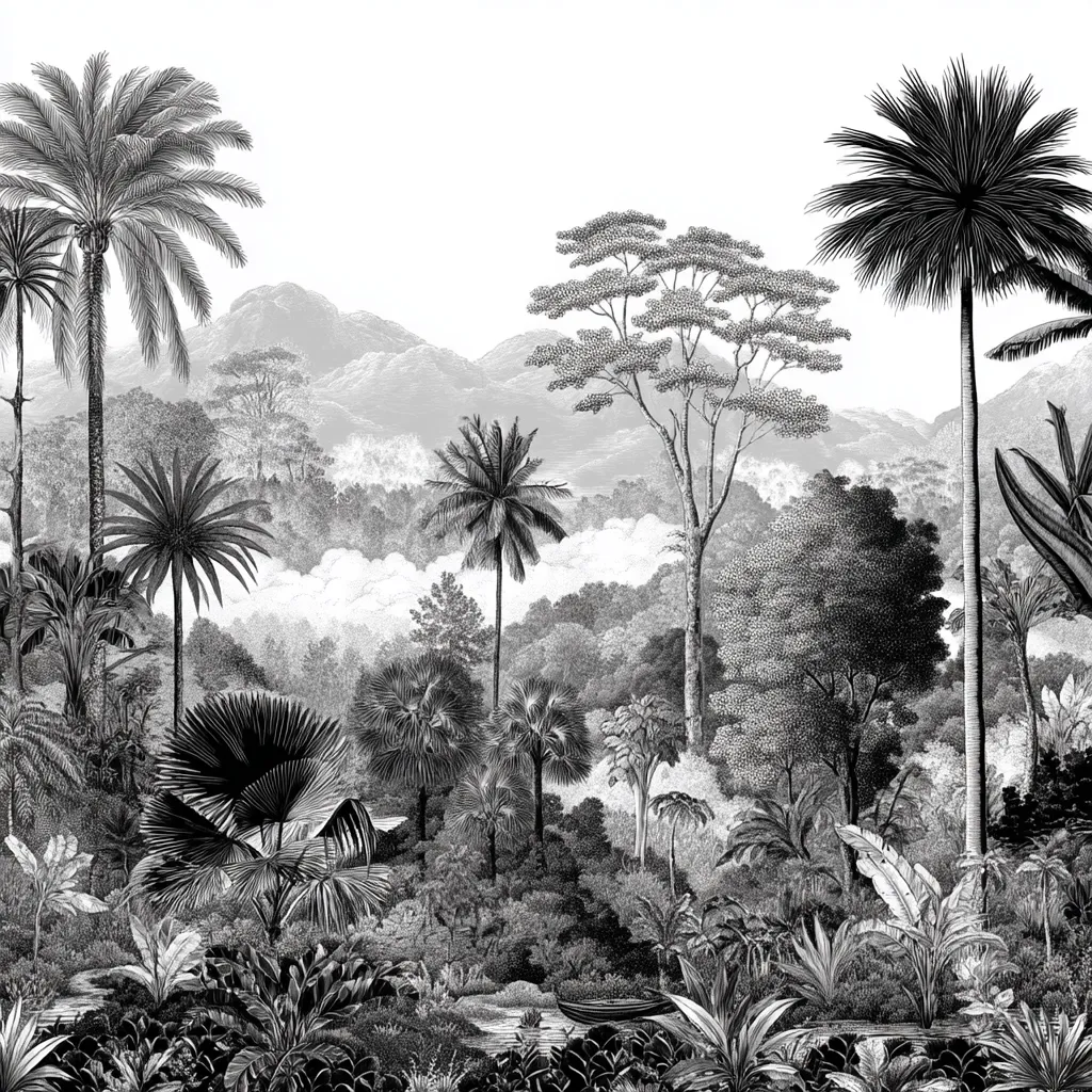 A monochromatic illustration depicts a lush tropical landscape.  Tall palm trees and various other tropical plants fill the foreground, leading to a dense jungle nestled against a range of hazy mountains.  The scene is rendered in shades of grey, creating a dramatic and serene atmosphere. A small boat is subtly visible on a tranquil waterway in the lower center. The overall style evokes a classic botanical illustration.
