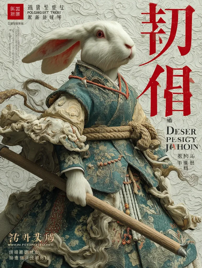A white rabbit, depicted in exquisite detail, is dressed in elaborate, ornate, teal-colored Chinese attire.  It holds a long staff, its fur meticulously rendered.  The image is a striking blend of fantasy and traditional East Asian aesthetics, featuring rich textures and a captivating atmosphere.  The title "韧借" (Rènjiè) is prominently displayed in large red characters.